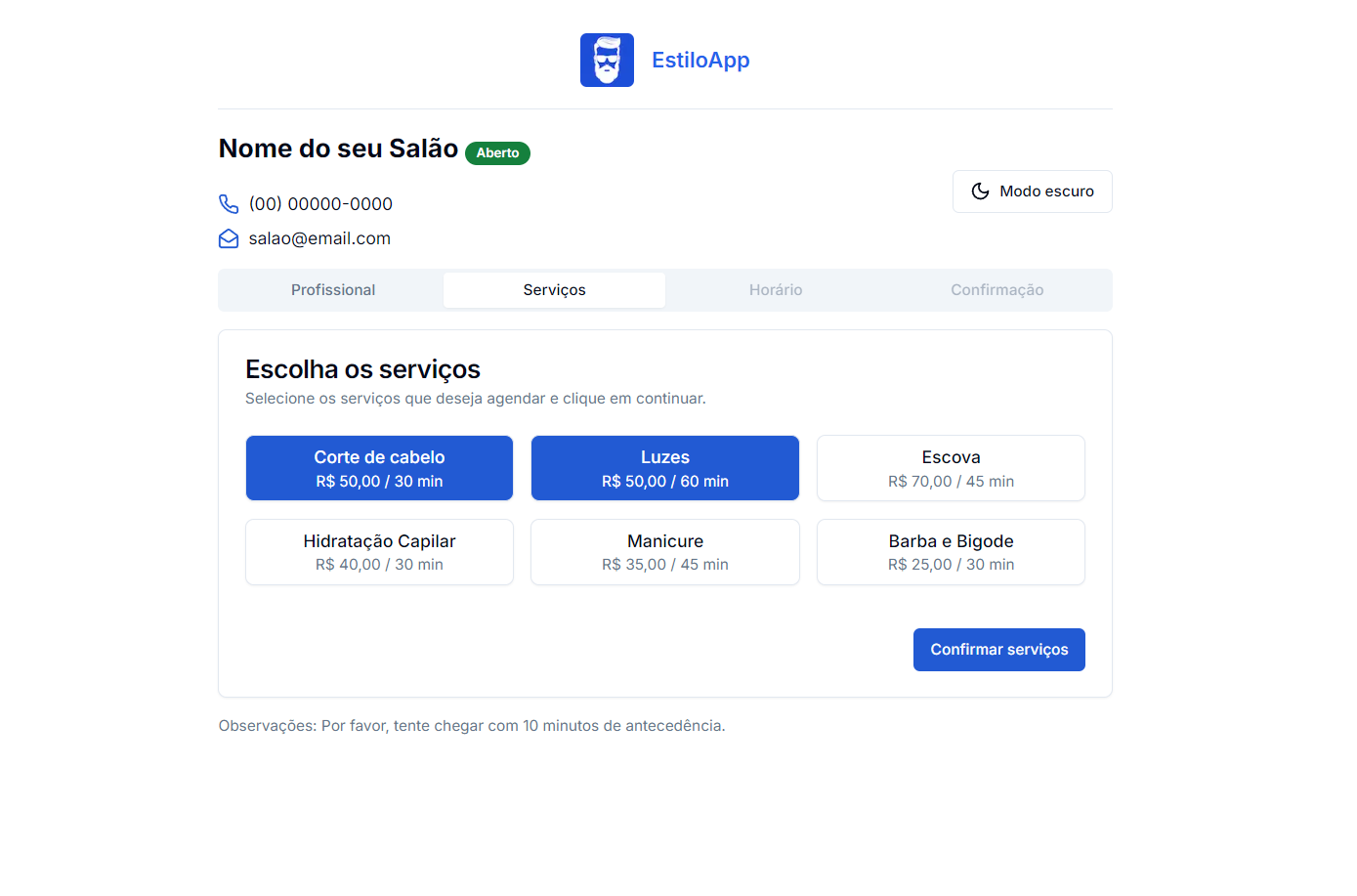 Print da tela de agendamento do sistema para barbearia EstiloApp