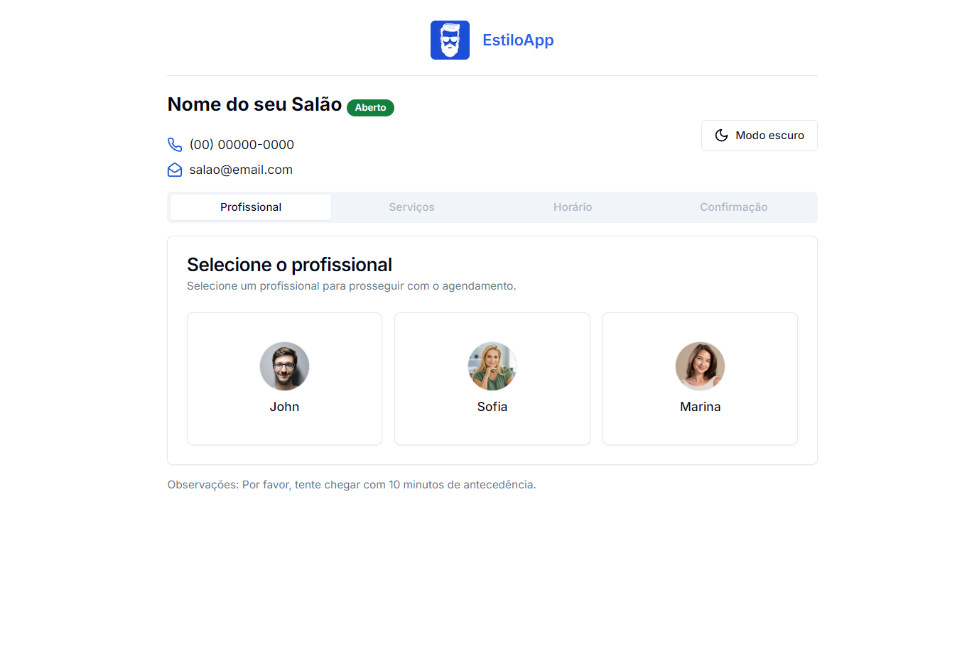 Tela de captura do agendamento online EstiloApp